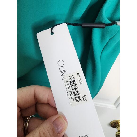 Calvin Klein Asymmetrical Drape Front Sheath Dress, Aqua/Teal, NWT, Size 12 - Picture 5 of 7